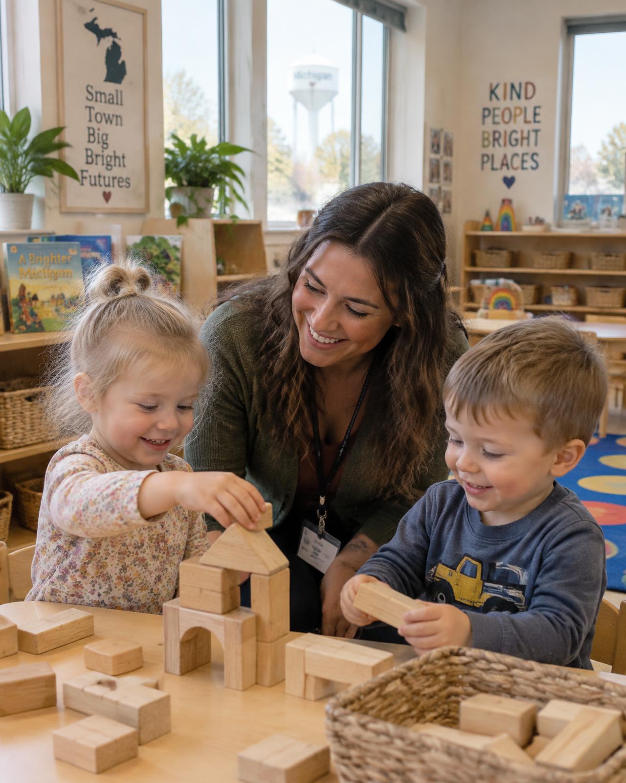A teacher building wooden blocks with two toddlers in a bright classroom