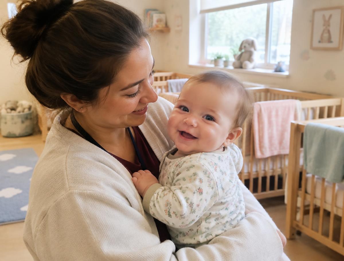 A caregiver holding a smiling baby in the infant room
