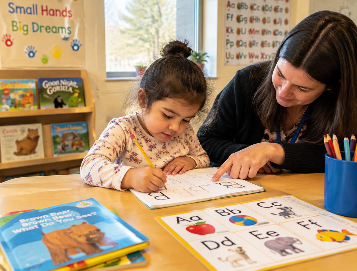 A pre-kindergarten child practicing letters with a teacher