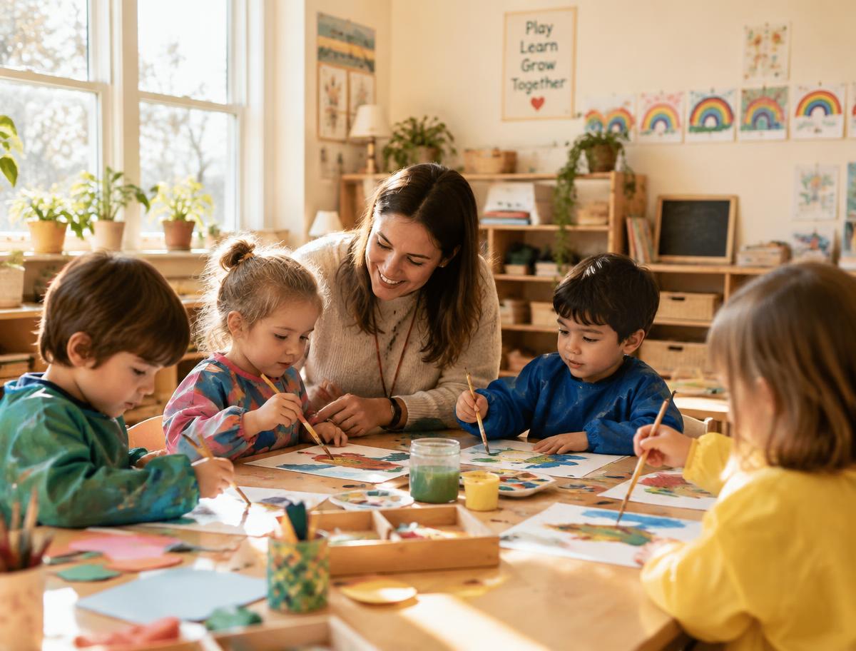 Preschool children painting at a low table with their teacher
