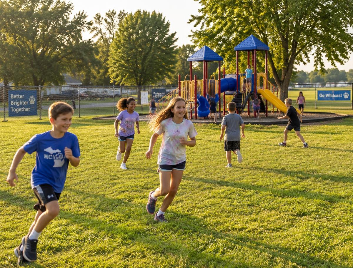 School-age children running and playing on a large fenced playground