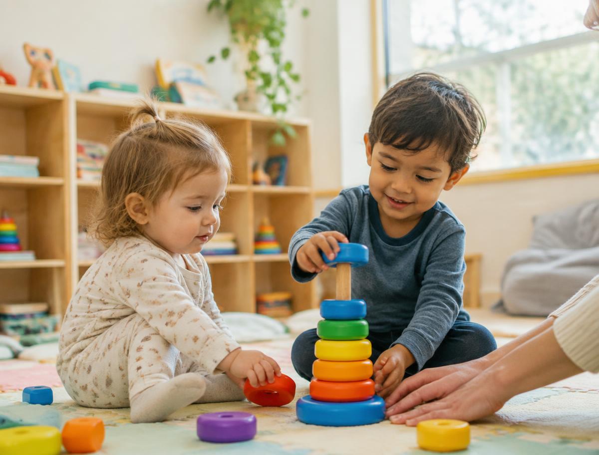 Two toddlers stacking colourful rings on a play mat while a caregiver helps